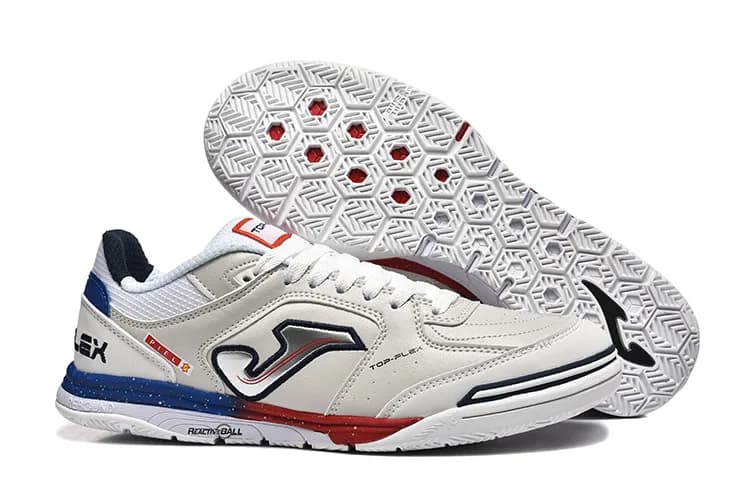 Joma Top Flex Rebound IN (em tom branco, azul, vermelho e detalhes em preto)