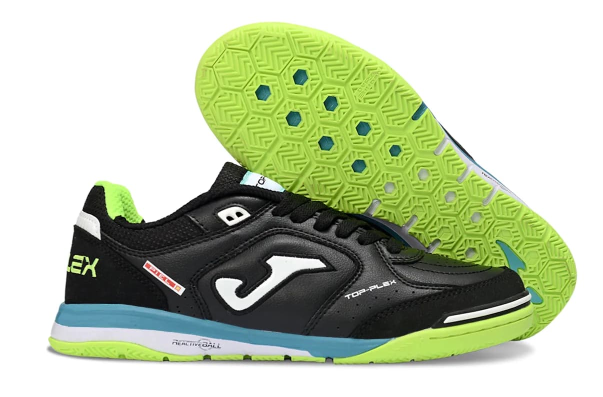Joma Top Flex Rebound IN (em tom preto, azul-turquesa, amarelo-lima e detalhes em branco).