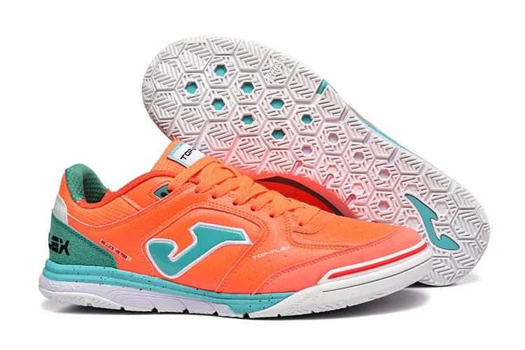 Joma Top Flex Rebound IN (em tom laranja, verde-água e detalhes em branco).