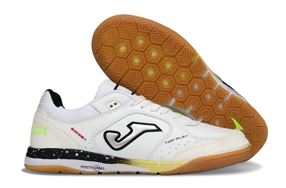 Joma Top Flex Rebound IN (em tom branco, preto, amarelo-lima e sola castanha/gum).